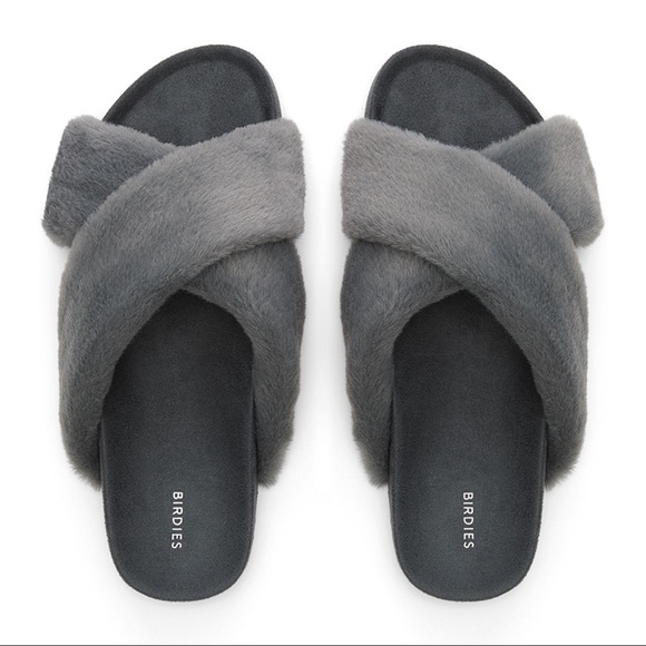 Birdies Shoes - Birdies The Robin Slippers in Pewter Faux Fur